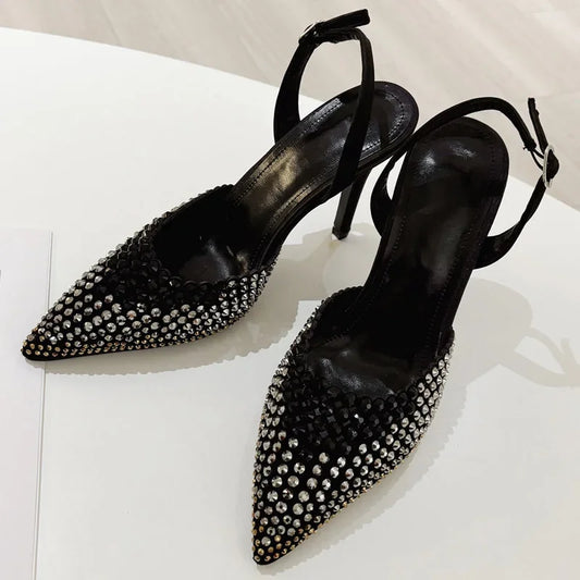 Sexy Crystal Rhinestone Pointed Toe Women Pumps Buckle Strap Street Thin Heels Prom Party Shoes Zapatillas De Mujer