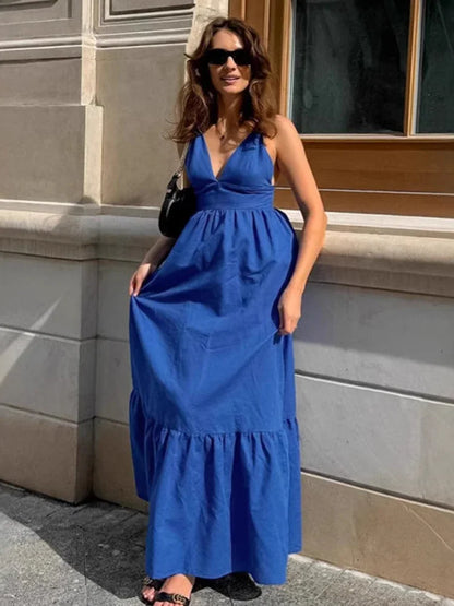 Blue V-neck Backless Suspender Midi Dress For Women