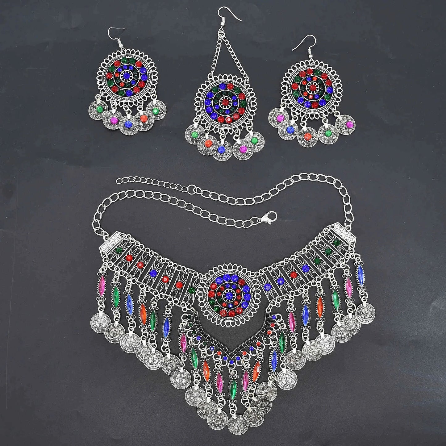 Afghan Colorful Crystal Coin Tassel Necklaces Earring Hair Clips Sets for Women Female Ethnic Wedding Party Gypsy Party Jewelry