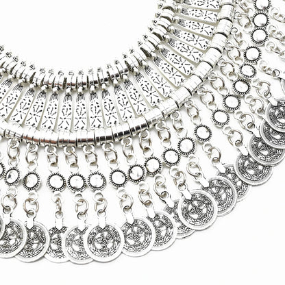 Vintage Silvery Long Chain Coin Bell Tassel Headwear Bracelet Necklace Earrings for Women Boho Afghan Turkish Gypsy Jewelry Sets