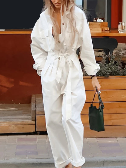 Long Jumpsuits Women Loose Long Sleeve Single Breasted Overalls White Pants 2025 Autumn Streetwear Casual Sashes