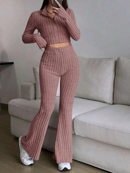 Short Style Zip Rib Knit Tops Long Pants Suit Women Casual Long Sleeve T-shirt & Slim Trousers 2 Piece Sets Autumn Women Sets