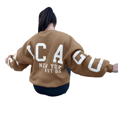 Women Loose Pullover Sweatshirts Letter Print Casual Thickened Long Sleeve Tops Autumn Streetwear