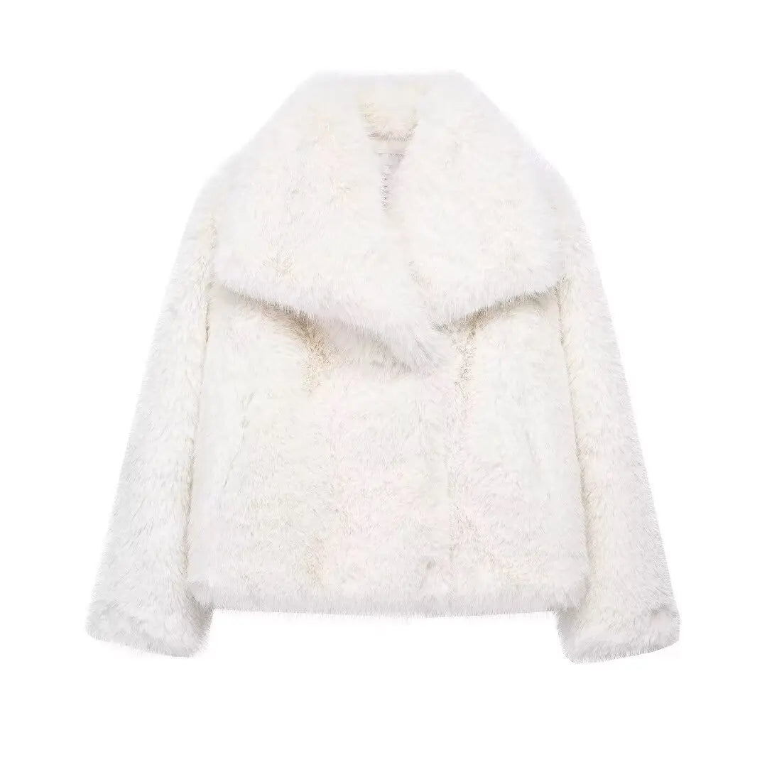 Women Fashion Cropped Faux Fur Jacket Coat Long Sleeve Front Snap-button Female Outerwear Chic Lapel Collar Thick Coat