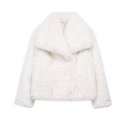 Women Fashion Cropped Faux Fur Jacket Coat Long Sleeve Front Snap-button Female Outerwear Chic Lapel Collar Thick Coat