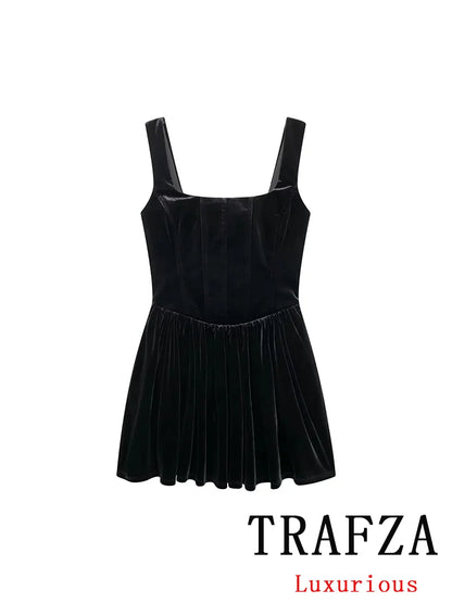 TRAFZA Sexy Chic Velvet Women Dress Solid Sleeveless Zipper Ruffles Mini Party Dress New Fashion 2025 Evening Club Dress