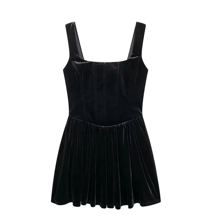 Velvet Women Dress Solid Sleeveless Zipper Ruffles Mini Party Dress