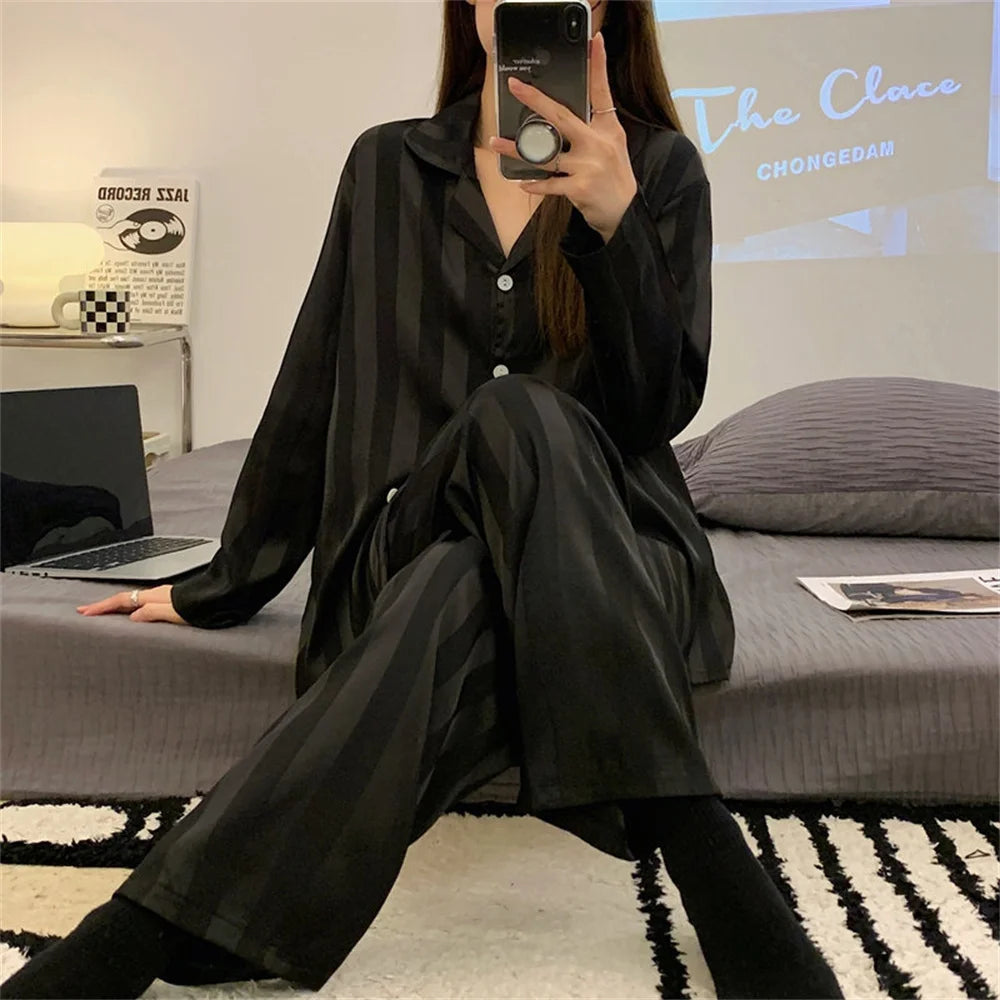 Women's Pajama Set Summer Striped Long Sleeve Top Trousers Silk Satin Home Suit Spring Autumn Loose Casual Sleepwear Nightwear