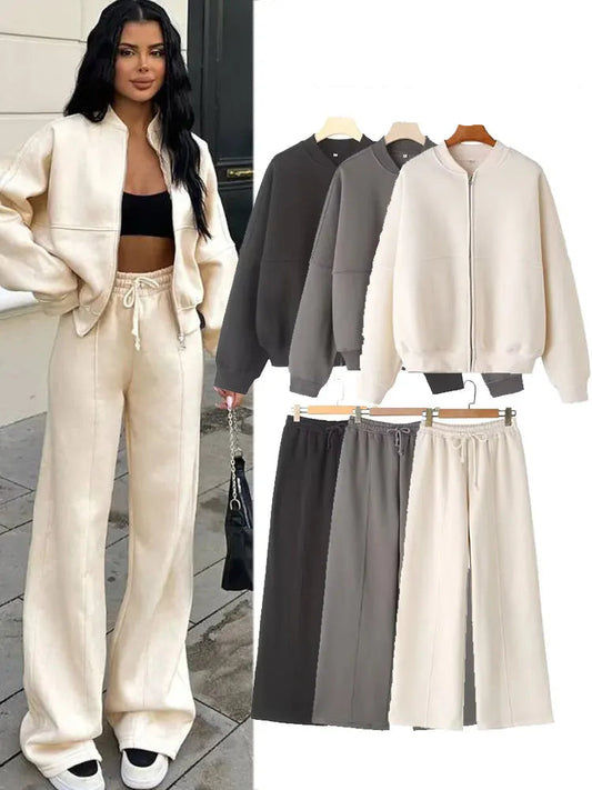 Women's 2-piece Retro Solid Color Zipper Bomber Jacket Sweatshirt + High-waisted Lace-up Women's Loose Velvet Pants Suit