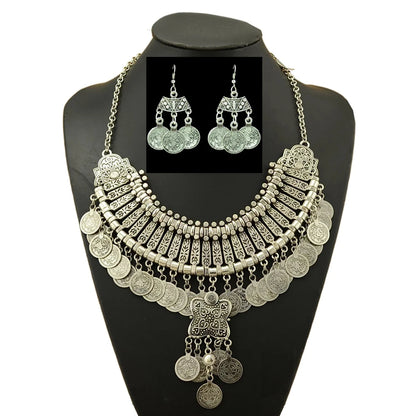 Vintage Silvery Coin Choker Necklace Earrings Gypsy Ethnic Tribal Turkish Afghan India Pakistan Collar Statement Jewelry Sets