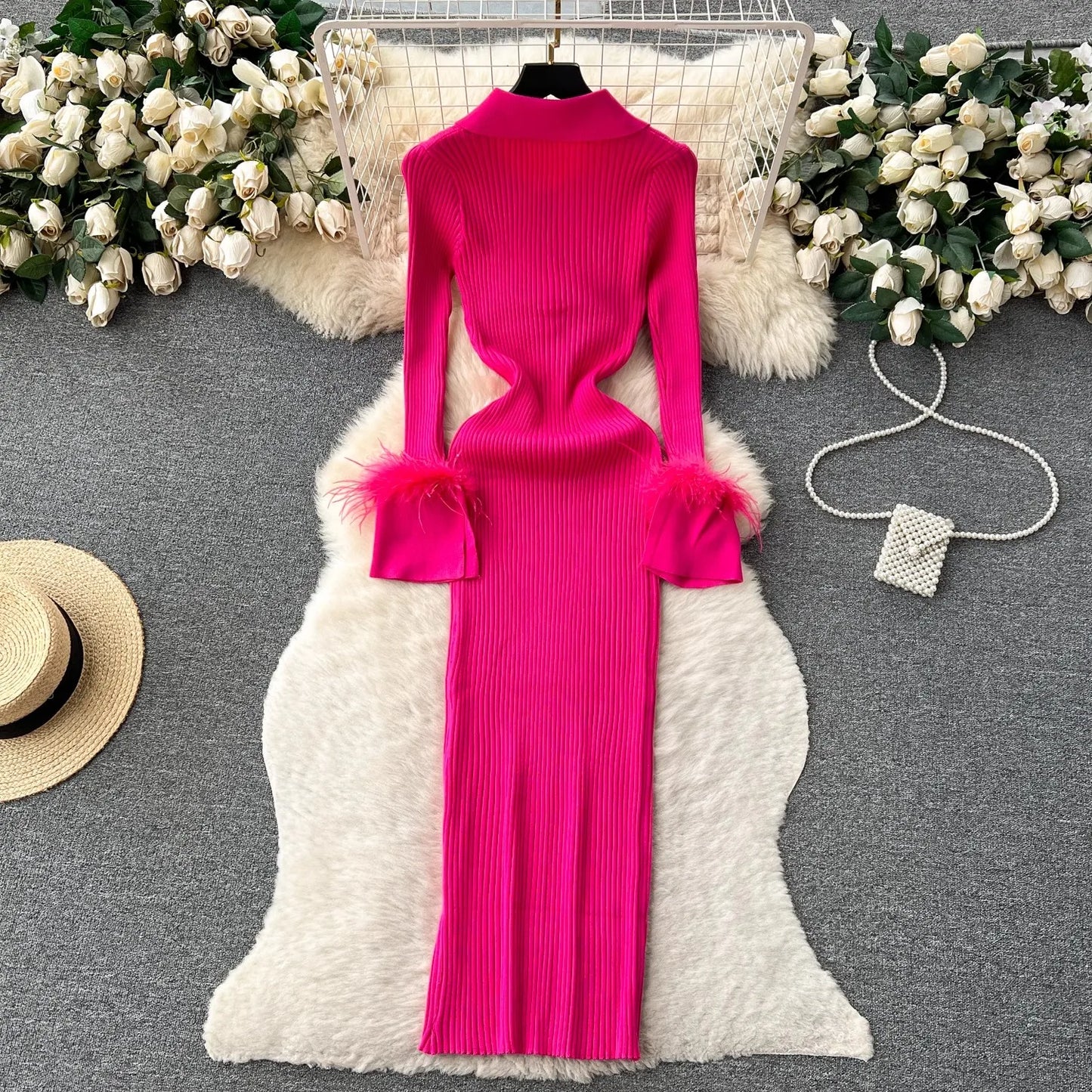 YuooMuoo Chic Fashion Long Sleeved Bodycon Dress with Fur Women Turn-down Collar Slim Elastic Long Knitted Dress Sweater Vestido