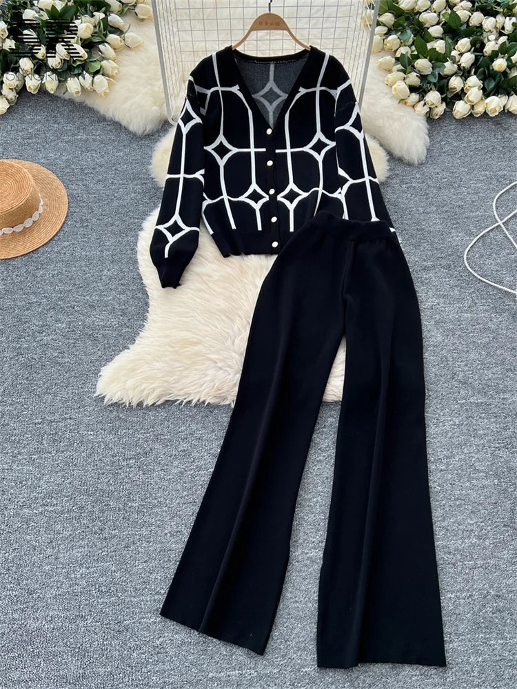 Printed Knit Two Pieces Sets Autumn Winter Single Breasted Cardigan+Wide Leg Long Pants Fashion Streetwear Suits