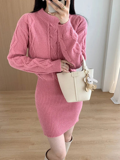 Ribbed Pullover Bodycon Cable Knitwear Two Piece Dress