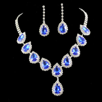 Luxury Blue Rhinestone Silver Plated Wedding Party Necklace Earrings Set Fashion Blue Crystal Bridal Jewelry Set Ladies Gift