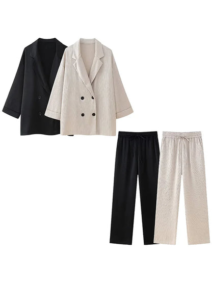 Women Fashion 2 Piece Set Solid Double Breasted Blazer & Vintage Elastic Waist Trousers Feamle Chic Lady Pants Sets