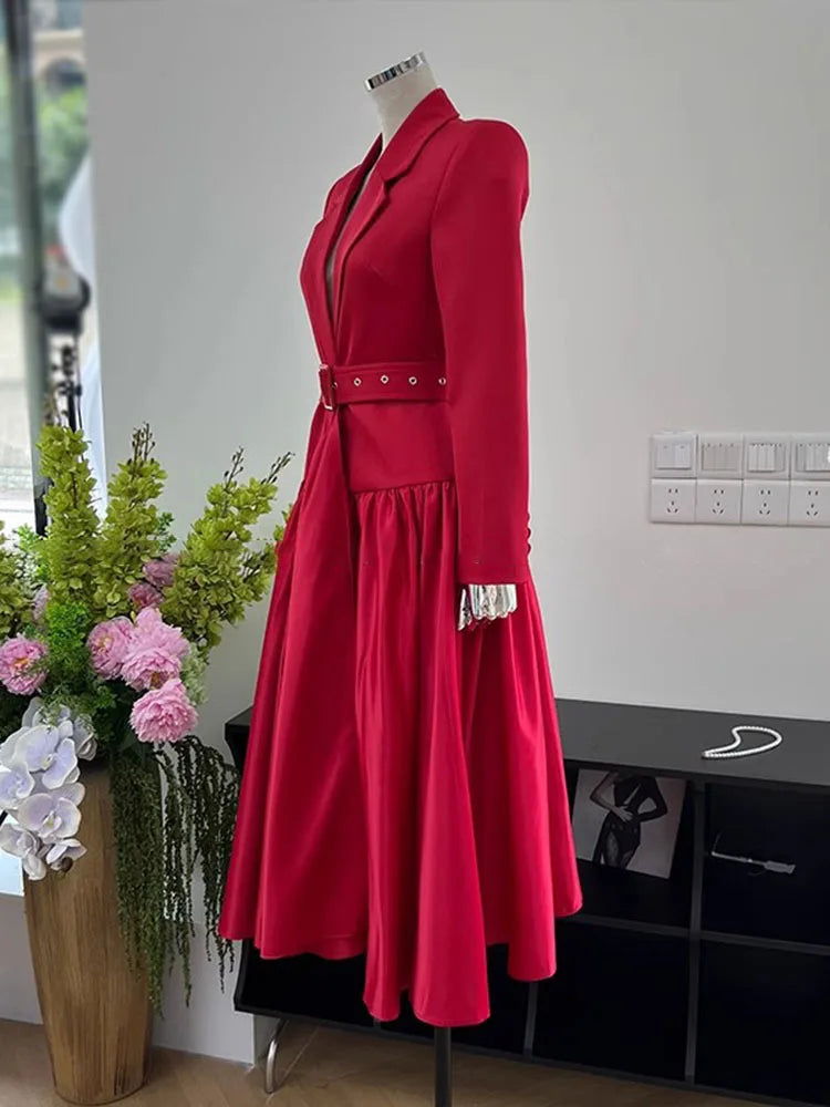 Women Notched Collar Long Sleeve High Waist Solid Patchwork Belt Loose Temperament Dresses