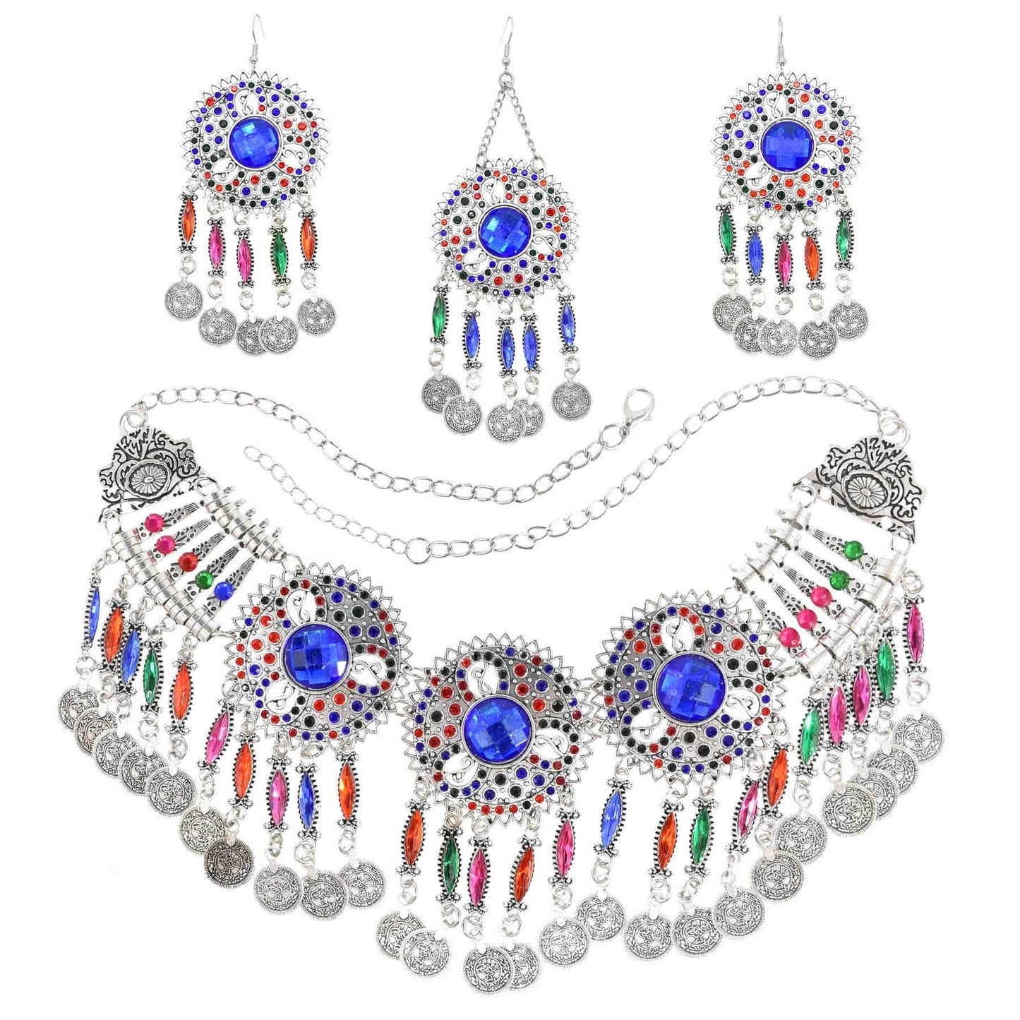 Gypsy Turkish Tribal Colorful Rhinestone Coins Necklace Earrings for Women Boho Pakistan Afghan Dress Clothes India Jewelry Sets