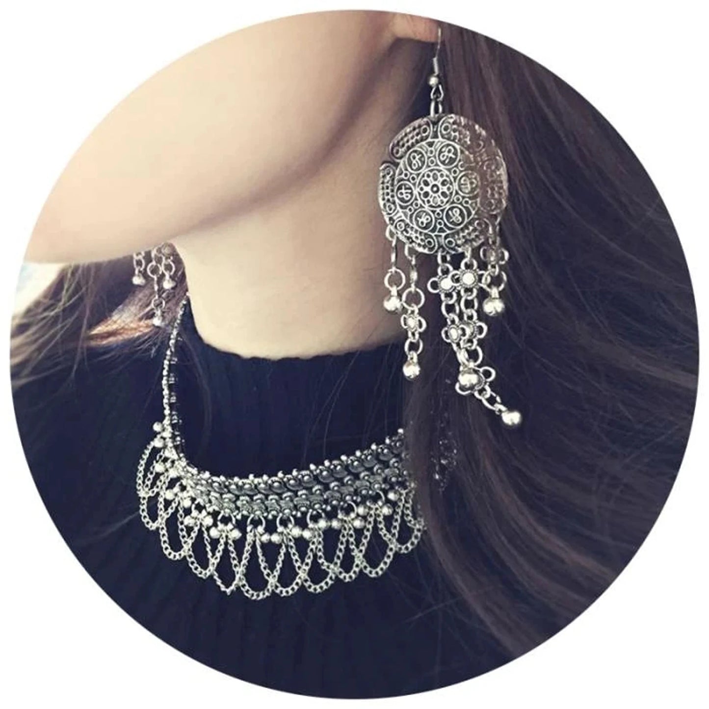 Vintage Silvery Long Chain Coin Bell Tassel Headwear Bracelet Necklace Earrings for Women Boho Afghan Turkish Gypsy Jewelry Sets