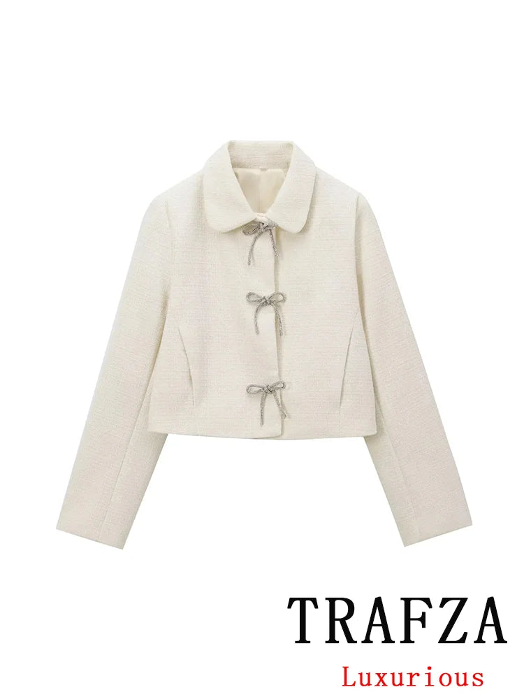 TRAFZA Vintage Casual Chic Women Jackets Solid Bow Button Long Sleeve Coats New Fashion 2024 Autumn Winter Jacket Outwear