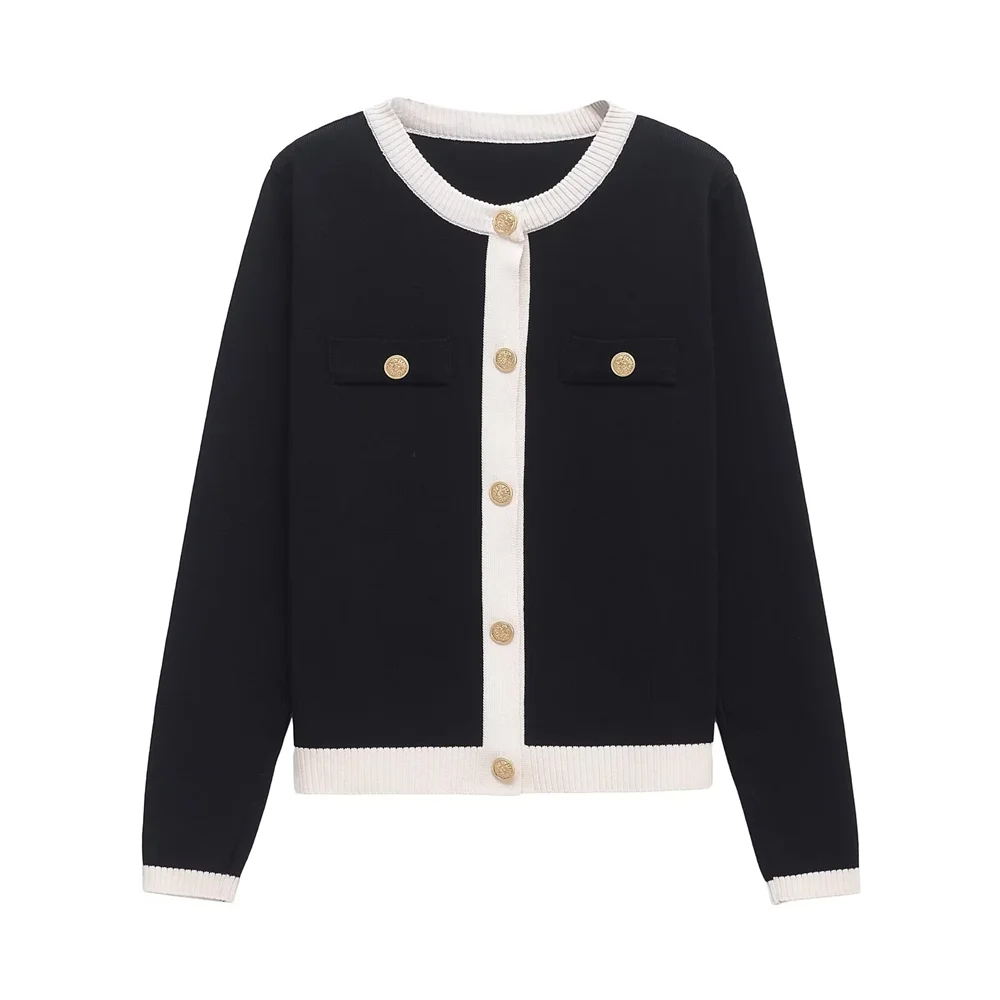 Women's Fashion Casual Gold Buckle Contrast Edge Round Neck Long Sleeve Knitted Coat