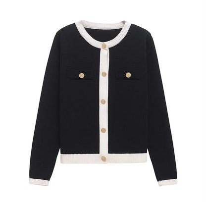 Women's Fashion Casual Gold Buckle Contrast Edge Round Neck Long Sleeve Knitted Coat