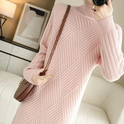 Women Mock Neck Ribbed Solid Knitted Cashmere Wool Sweater Dresses