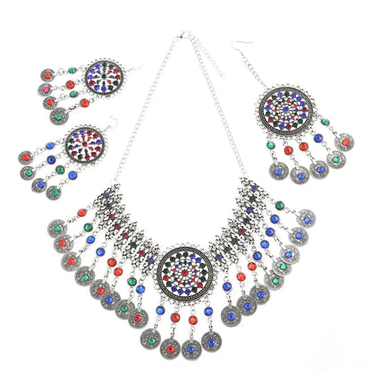 3pcs Indian Afghan Jewelry Sets Necklace Earrings Hairbands for Women Boho Ethnic Coins Tassels Colorful Crystal Drop Accessory