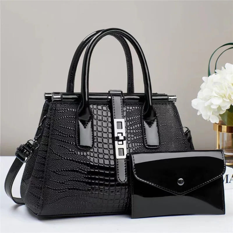 Luxury Brand Designer Crocodile Pattern Bright Leather Large Capacity Crossbody Women's Handbag