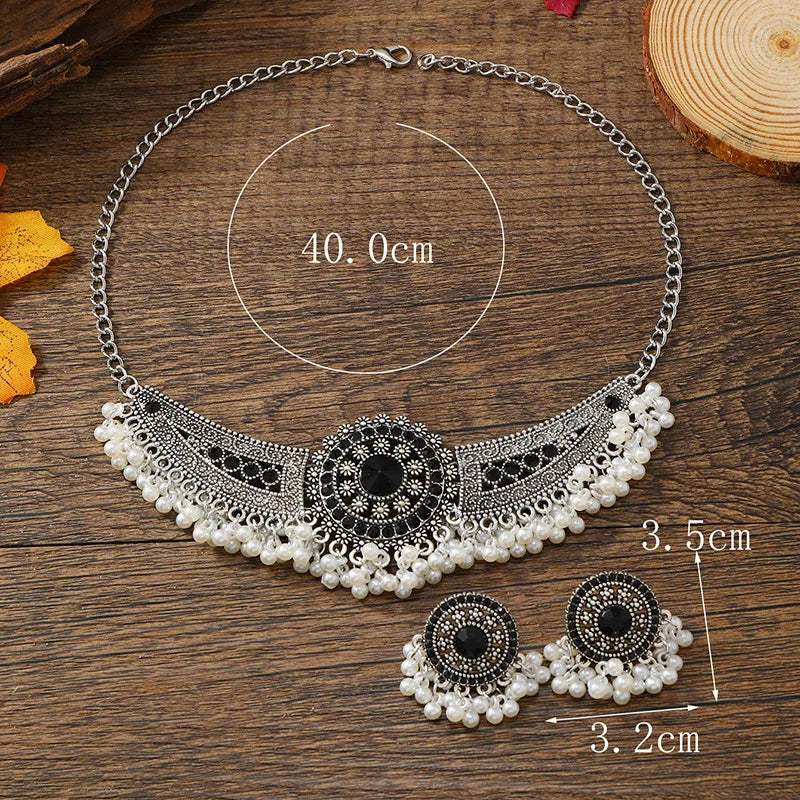 Afghan Black Crystal Choker Necklaces Earrings Jewelry Sets for Women Bohemian Ethnic Tribal Indian Party Pearls Jewelry Sets