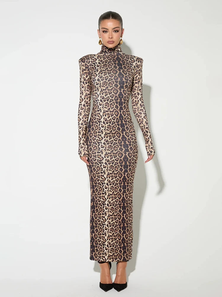 Leopard Animal Print Long Sleeve Sexy Turtle Neck Bodycon Long Maxi Dress For Women