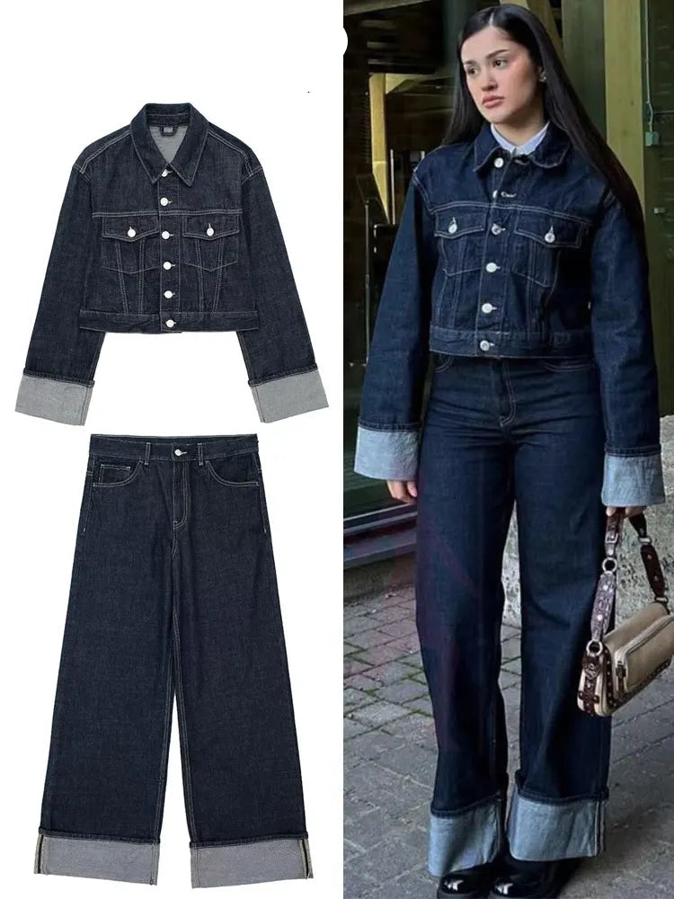 Women Vintage Denim Jacket Pant Sets Single Breasted Lapel Long Sleeve Coat Wide Leg Jeans Trousers High Street Outfits