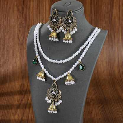 Elegant Luxury Rhinestone Pearl Indian Earrings Necklace Set Women's Geometric Bell Tassel Long Necklaces Wedding Dubai Jewelry