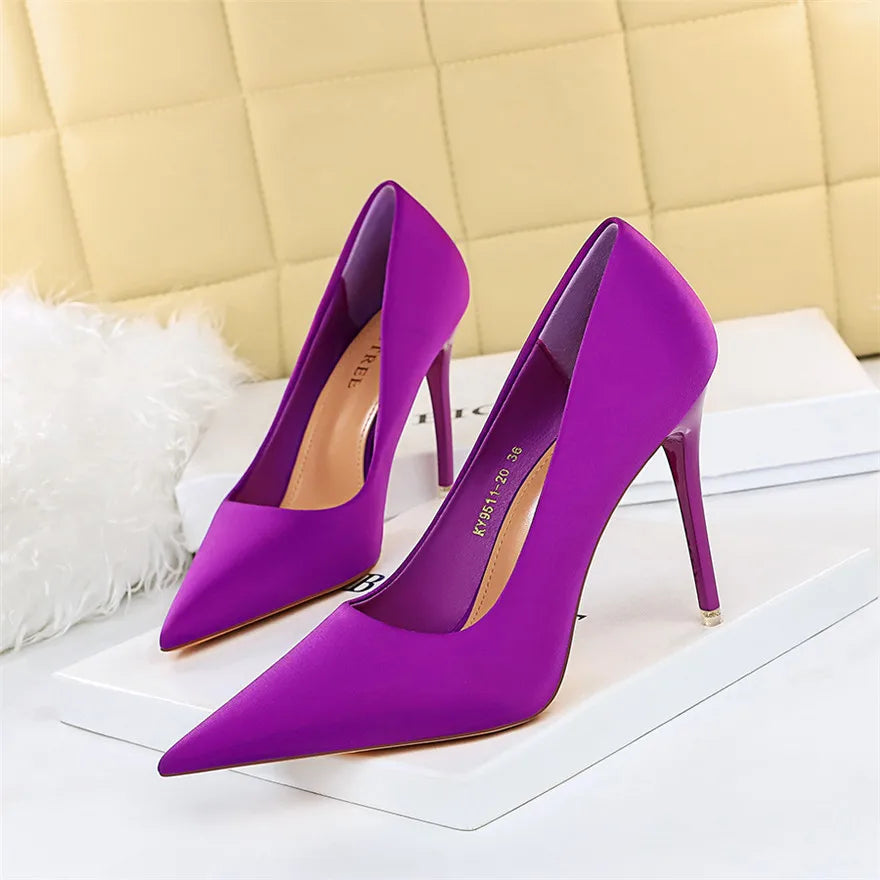 Concise Big 34-43 Woman Shoes Shallow Solid Silk High Heels Women Pumps Autumn Purple Red Pointy Toe Ladies Wedding Office Shoes