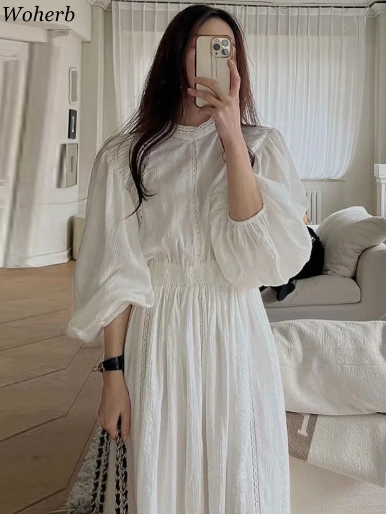 Elegant Women Stand Neck Embroidery Jacquard Dress Pleated Waist Lantern Sleeve Dresses 2025 Spring Autumn New Vestidos