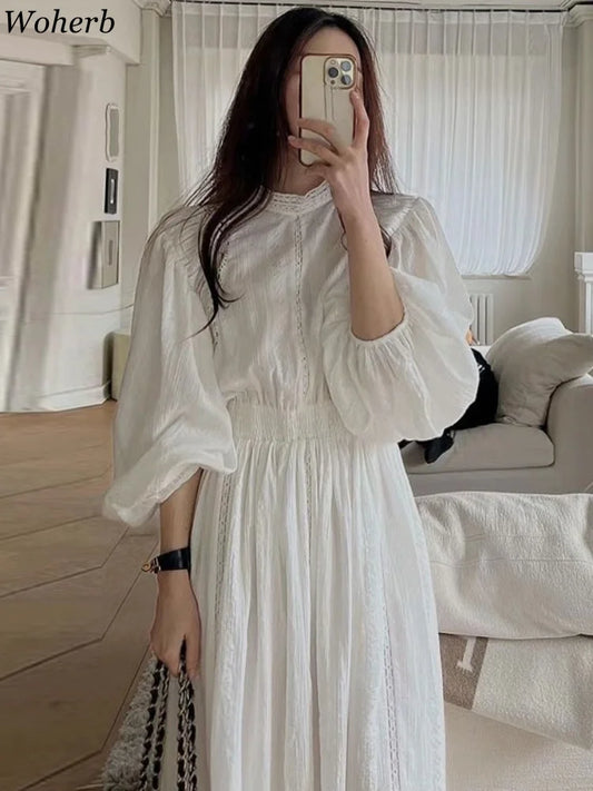 Elegant Women Stand Neck Embroidery Jacquard Dress Pleated Waist Lantern Sleeve Dresses 2025 Spring Autumn New Vestidos