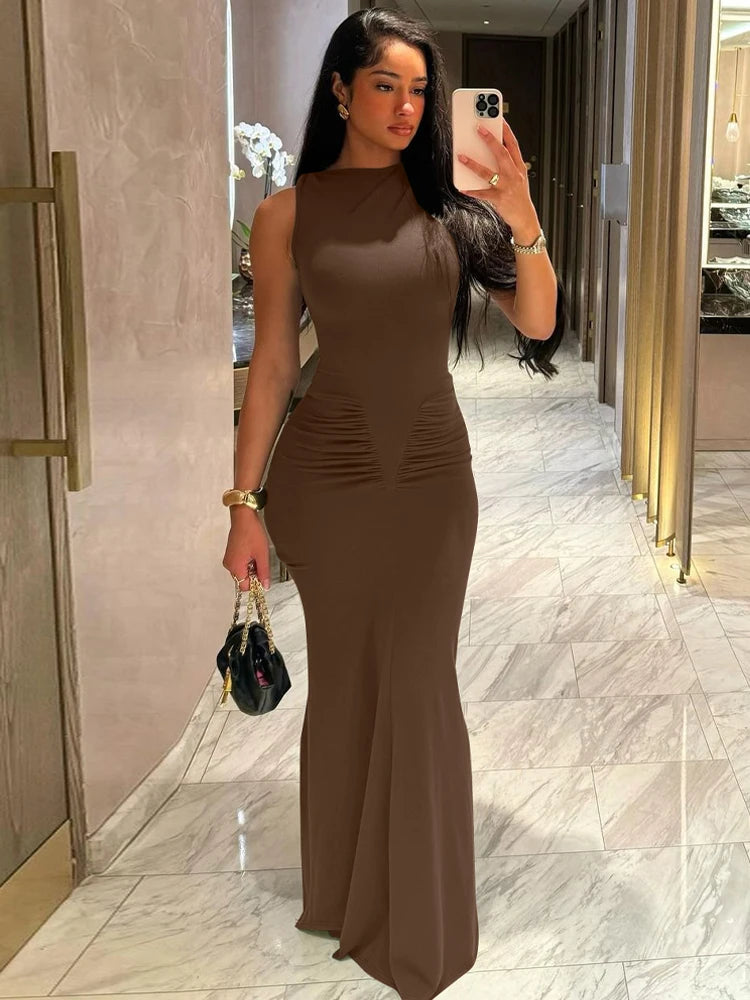 Women Elegant Long Ruched Bodycon Sleeveless Solid long Dresses