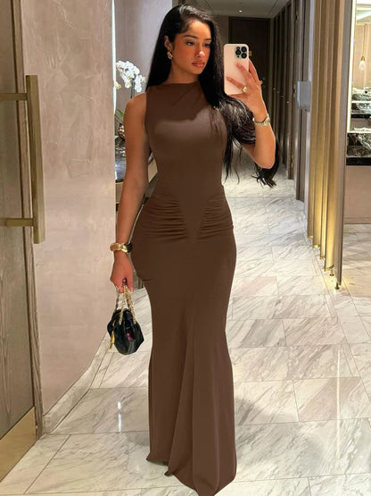 Dulzura Elegant Long Dress Ruched Bodycon Sleeveless Solid Dresses Lady Cocktail Party Wedding Guest Formal Women Clothes 2025