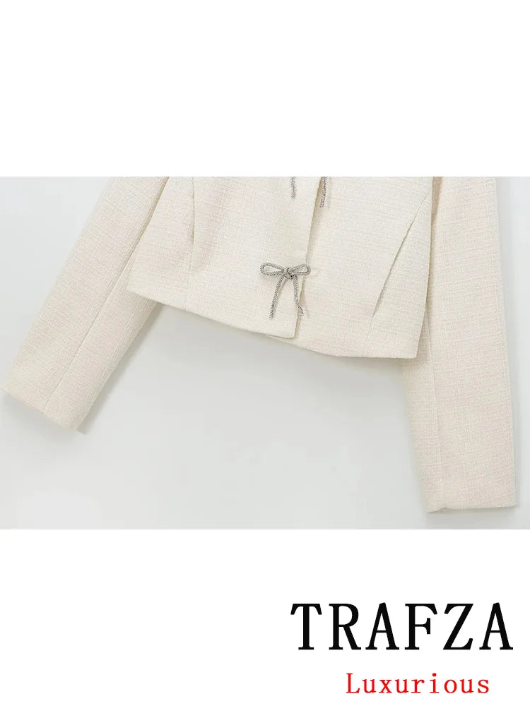 TRAFZA Vintage Casual Chic Women Jackets Solid Bow Button Long Sleeve Coats New Fashion 2024 Autumn Winter Jacket Outwear