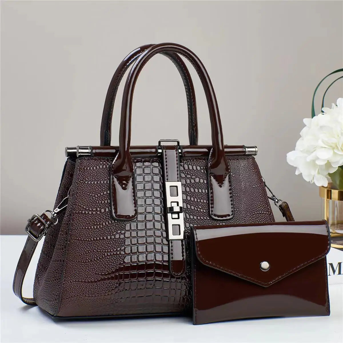 Luxury Brand Designer Crocodile Pattern Bright Leather Large Capacity Crossbody Women's Handbag