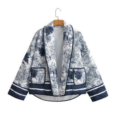 TRAFZA Vintage Indie Folk Print Blue Coats Women Long Sleeve Open Stitch Oversized Jackets Fashion 2024 Autumn Winter Warm Coat