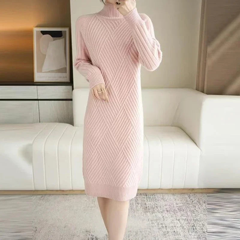 Abrini Autumn Winter Women Wool sweater Dress Mock Neck Ribbed Solid Knit Dresses Elegant Lady Party Bottoming Cashmere Vestidos