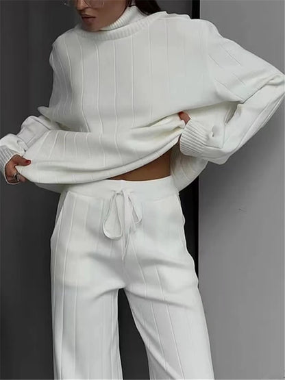 Autumn Winter 2 Pieces White Women's Sets Knitted Tracksuit Turtleneck Sweater and Straight Jogging Pant Suits 2023 New