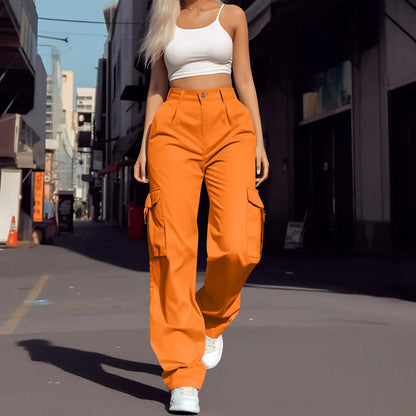 New Streetwear Women Cargo Pants Daily Casual Solid Color Multi Pockets Elastic Waist Pants Female Cargo Trousers 2024