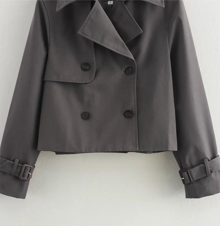 Women Vintage Casual Chic Solid Double Breasted Turn-down Collar Long Sleeve Short Coat  Jackets