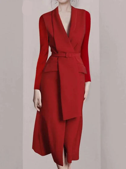 Red Women's Dress Temperament Office Lady Lapel Long Sleeve Belt Waist Cinched OL Dresses For Female 2025 Spring New 3C3169