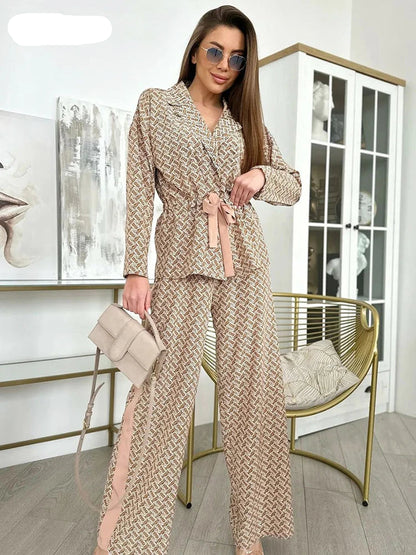 Spring Street Print Wide Leg Pants Suits Casual Belt Notched Neck Shirts High Waist Pants Two Piece Sets Women Elegant Suit