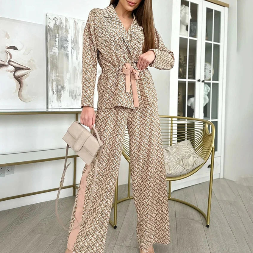 Spring Street Print Wide Leg Pants Suits Casual Belt Notched Neck Shirts High Waist Pants Two Piece Sets Women Elegant Suit