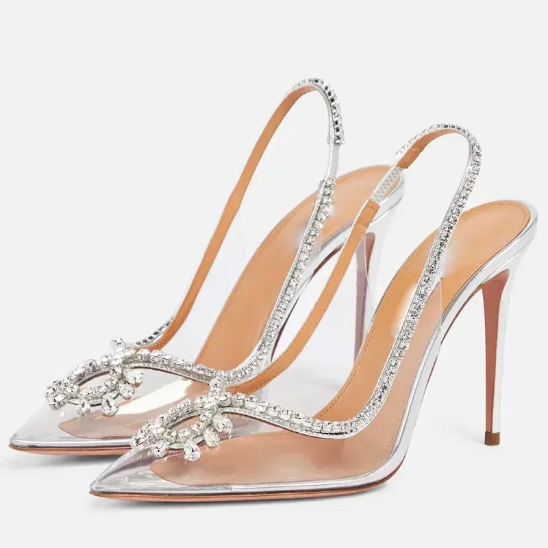 Fashion Crystal PVC Transparent Women Pumps Elegant Thin Heels Sandals Slingbacks Silver Party Wedding Shoes