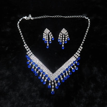 Luxury Blue Rhinestone Silver Plated Wedding Party Necklace Earrings Set Fashion Blue Crystal Bridal Jewelry Set Ladies Gift