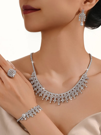 Luxury 4-piece Platinum Plated Bridal Wedding Set with Zircon Leaf Flower Design Women's Necklace Bracelet Earrings